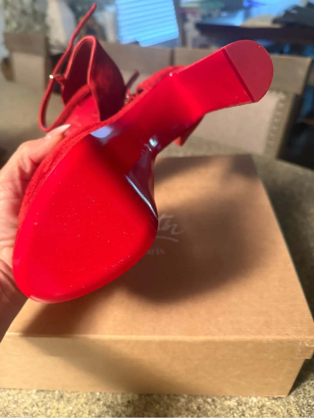 Christian Louboutin Red Suede Platform Peep-Toe Ankle Strap Heels